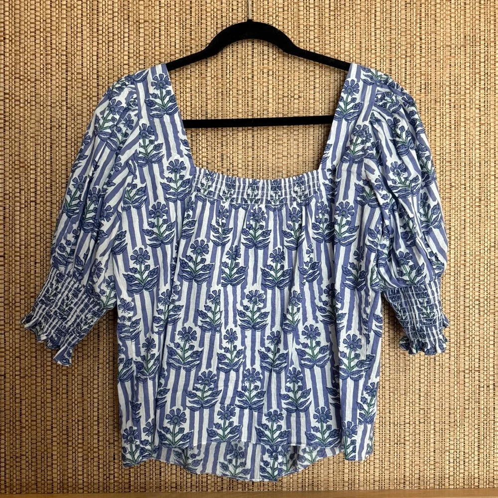 Ophelia & Indigo Mary Top XS Blue Stripe Floral Smocked Puff Sleeve - Picture 5 of 8